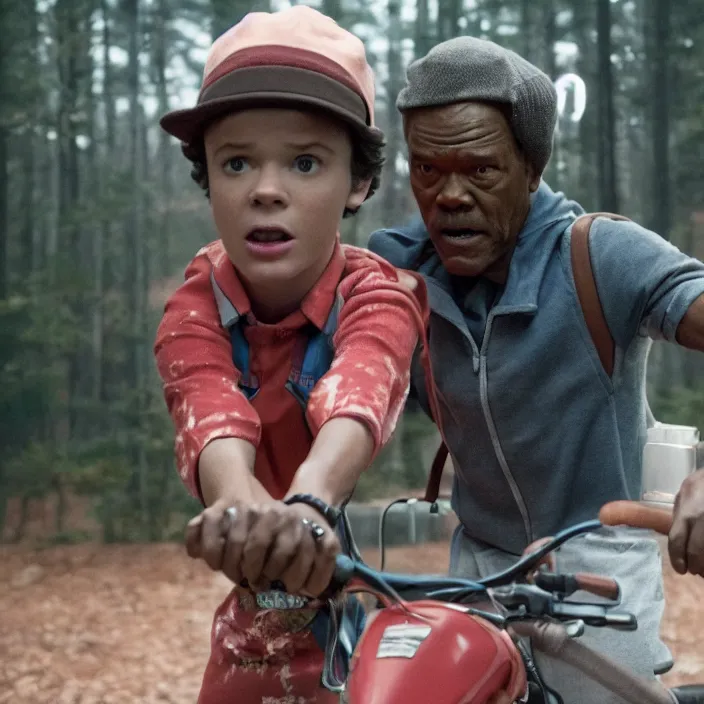 Image similar to film still of Samuel L Jackson in Stranger Things season finale, 4k