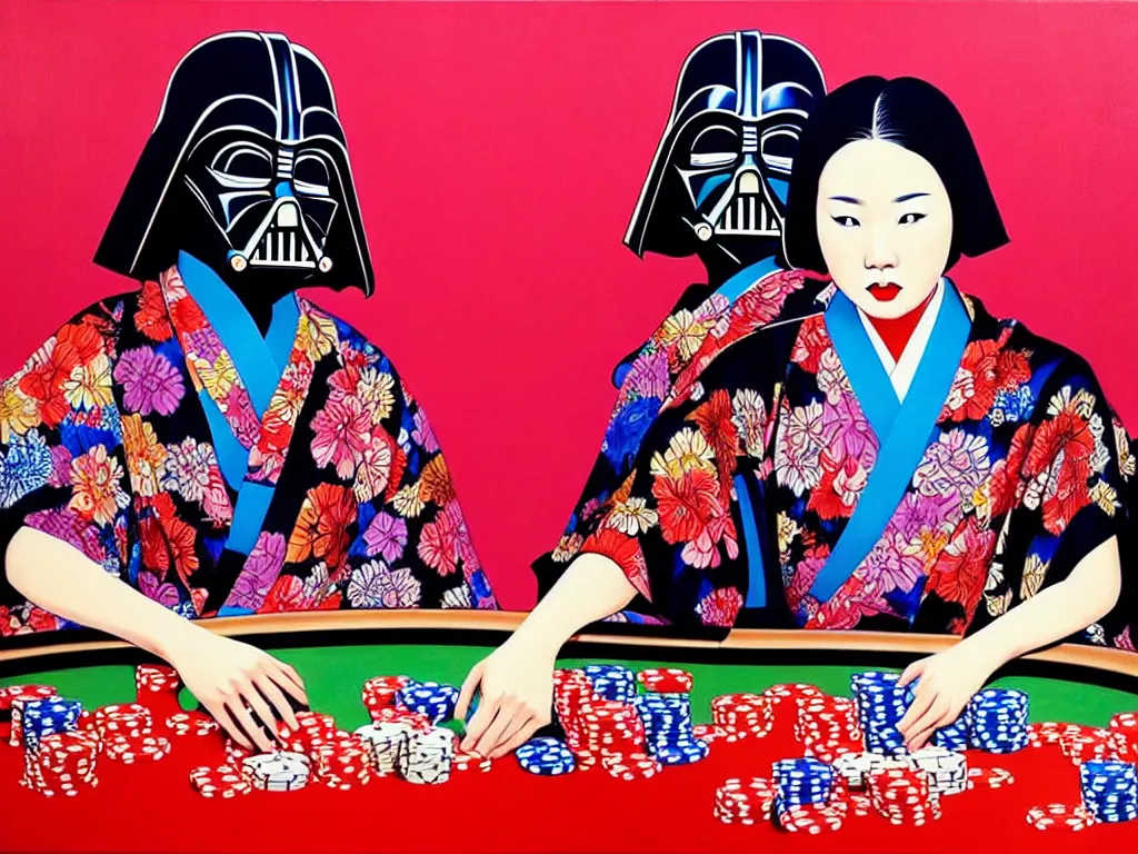 Image similar to hyperrealistic composition of the detailed woman in a japanese kimono sitting at a extremely detailed poker table with detailed darth vader, fireworks, mount fuji on the background, pop - art style, jacky tsai style, andy warhol style, acrylic on canvas