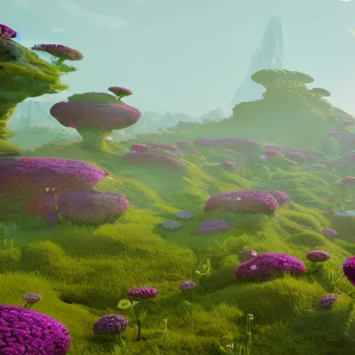 Image similar to a flowering alien landscape in the style of midjourney, 8 k, unreal engine, zbrush,