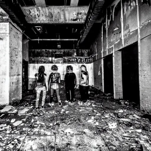 Prompt: 4 goth punks watching a black hole forming in the grimy grungy basement of an abandoned apartment block, grainy black and white photography