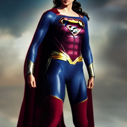 Prompt: an potrait of gal gadot wearing Henry Cavill Superman suit, photorealistic, high detail, photo studio, testing custom, 4k