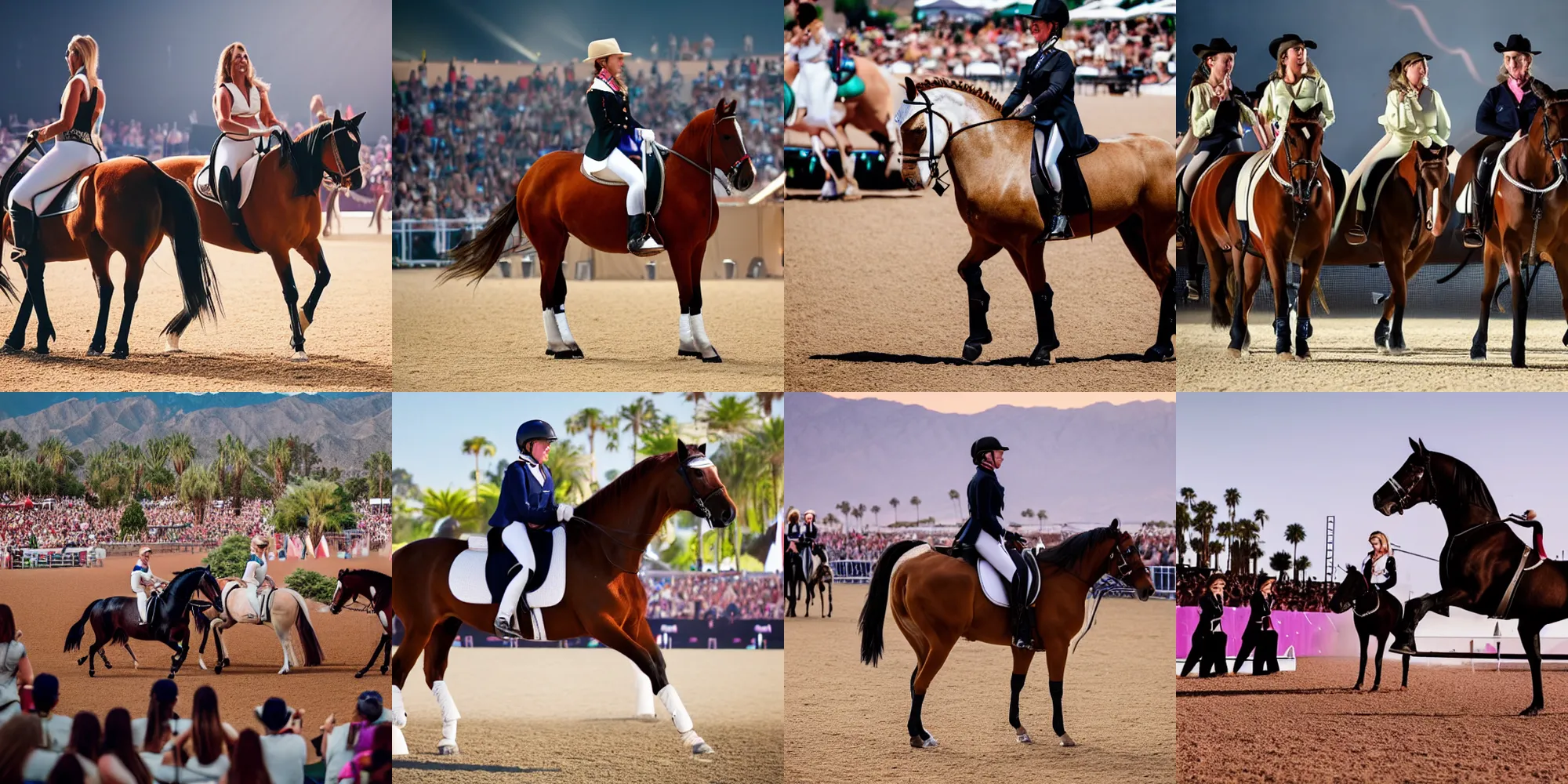 Prompt: equestrian dressage performed on stage at Coachella 2022, concert photography