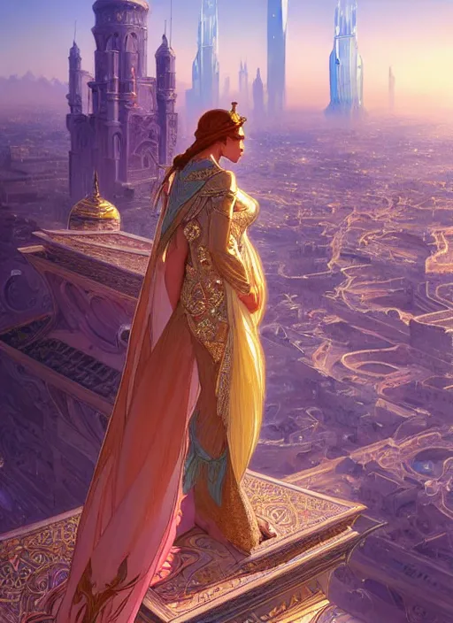 Prompt: an arabian princess looking over her city, shiny, fantasy, intricate, elegant, hyper detailed, ultra definition, photoreal, artstation, unreal engine rendered, concept art, smooth, sharp focus, illustration, art by artgerm and greg rutkowski and alphonse mucha and garis edelweiss