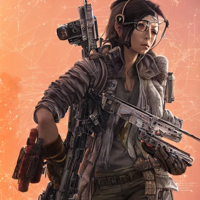 Image similar to the portrait of lawful neutral female cyberpunk infantry sniper as absurdly beautiful, gorgeous, elegant, young woman looking up, an ultrafine hyperdetailed illustration by kim jung gi, irakli nadar, intricate linework, bright colors, octopath traveler, final fantasy, unreal engine 5 highly rendered, global illumination, radiant light, detailed and intricate environment