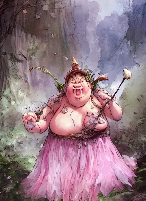 Image similar to A fat goblin princess with a tattered pink tutu, mushroom umbrella, watercolor, dramatic lighting, cinematic, establishing shot, extremely high detail, foto realistic, cinematic lighting, pen and ink, intricate line drawings, by Yoshitaka Amano, Ruan Jia, Kentaro Miura, Artgerm, post processed, concept art, artstation, matte painting, style by eddie mendoza, raphael lacoste, alex ross,