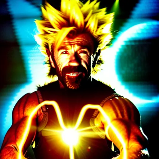 Image similar to uhd candid photo of cosmic chuck norris as a super sayian powering up, glowing, global illumination, studio lighting, radiant light, hyperdetailed, correct face, elaborate intricate costume. photo by annie leibowitz