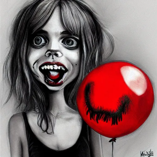 Image similar to surrealism grunge cartoon portrait sketch of billie eilish with a wide smile and a red balloon by - michael karcz, loony toons style, monsters inc style, horror theme, detailed, elegant, intricate