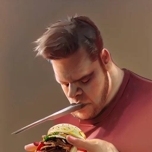 Image similar to portrait of a half fatman half pig eating kebab with long hair tied in a ponytail, light stubble with red shirt ,digital art,photorealistoc,art by greg rutkowski,hyperdetailed,western comic style,comic,comic style,sharp lineart,professional lighting,deviantart,artstation,trevor henderson,rossdtaws,cinematic,dramatic