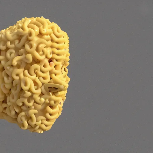 Image similar to a 3 d render of a person made of macaroni and cheese