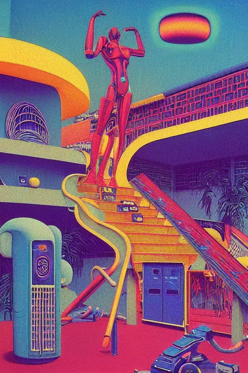 Prompt: 8 0 s art deco motel with swimmingpool, robots, neon signes, cinematic dramatic cyberpunk textural fluid lines otherworldly vaporwave interesting details fantasy lut epic composition by basquiat zdzisław beksinski james jean artgerm rutkowski moebius francis bacon gustav klimt