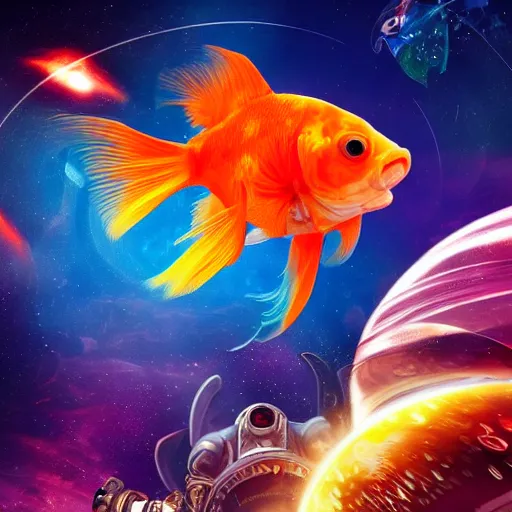 Image similar to a goldfish piloting a spaceship in outer space, intricate detail, epic composition, cosmic, futuristic 4 k,