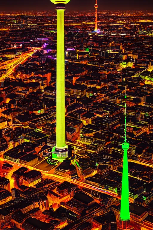 Prompt: neon streets of berlin television tower, 4 k, award winning photo, cyberpunk style