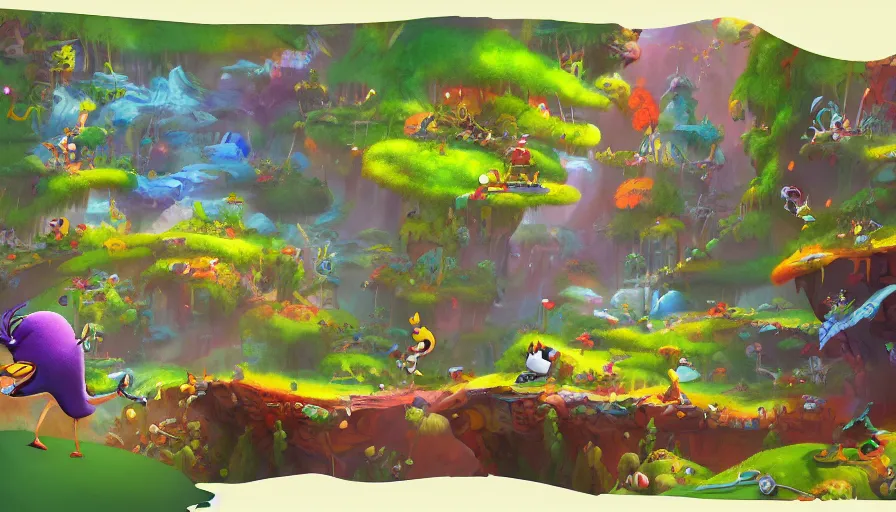 Image similar to landscape painting for animation in the style of rayman game, environment design, lively, joyful, colorful, jungles, cities, highly detailed