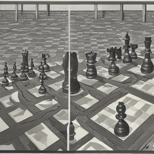 Prompt: concept art of a city whose inhabitants are chess pieces, by m. c. escher