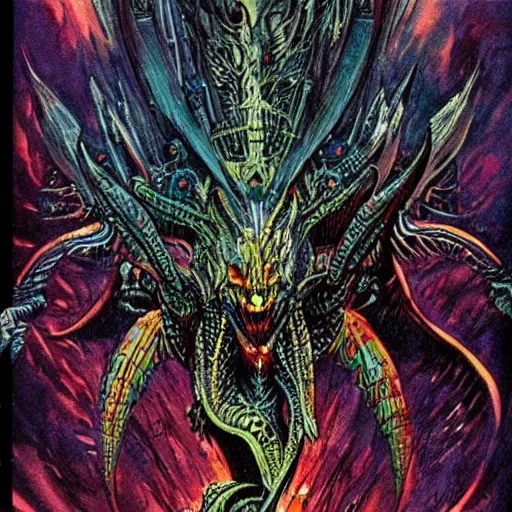 Prompt: an epic demonic alien dragon demigod descending from the cosmos to consume the earth, philippe druillet art