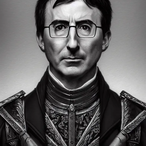 Image similar to portrait of stoic looking john oliver as in the vigo carpathian painting, military uniform, fantasy, intricate, elegant, beautiful, highly detailed, charcoal, centered, dark, smokey, digital painting, artstation, concept art, smooth, sharp focus, illustration, art by artgerm and greg rutkowski and alphonse mucha