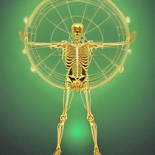 Prompt: vitruvian man, detailed robotic skeleton, green neon heart, symetry, golden ratio, intricate, detailed, volumetric lighting, scenery, digital painting, highly detailed, artstation, sharp focus, illustration, artstation, art by artgerm and greg rutkowski and alphonse mucha