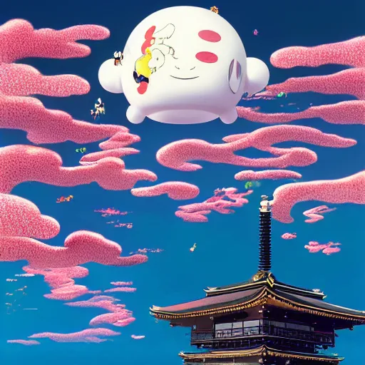 Image similar to a man walking on clouds above kyoto by takashi murakami, beeple and james jean, aya takano color style, 4 k, super detailed