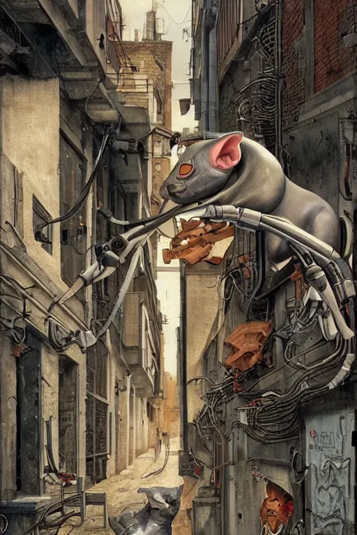 Image similar to a robotic sphynx cat!!, in a cyberpunk alleyway by sandro botticelli