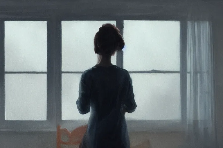 Image similar to a painting of a woman staring out a foggy window in a suburban home by jama jurabaev, cinematic shot, trending on artstation, high quality, ultra realistic