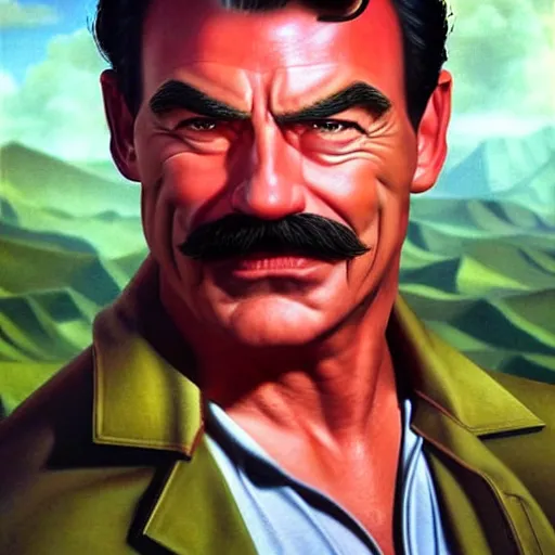 Prompt: ultra realistic portrait painting of tom selleck as vault boy, art by frank frazetta, 4 k, ultra realistic, highly detailed, epic lighting