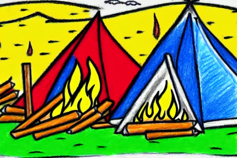 Prompt: child crayon drawing of a campsite with bonfire