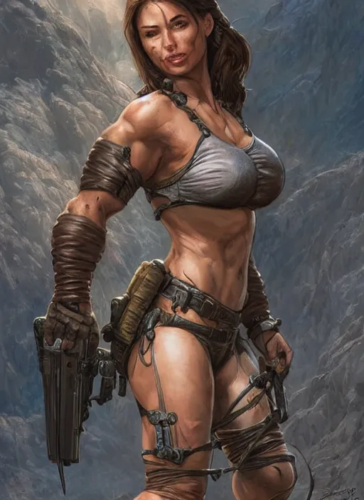 Prompt: muscled Lara Croft grinning as a ruggedly handsome heroine, intricate, elegant, highly detailed, centered, artstation, concept art, smooth, sharp focus, illustration, bokeh art by artgerm and donato giancola and Joseph Christian Leyendecker, WLOP