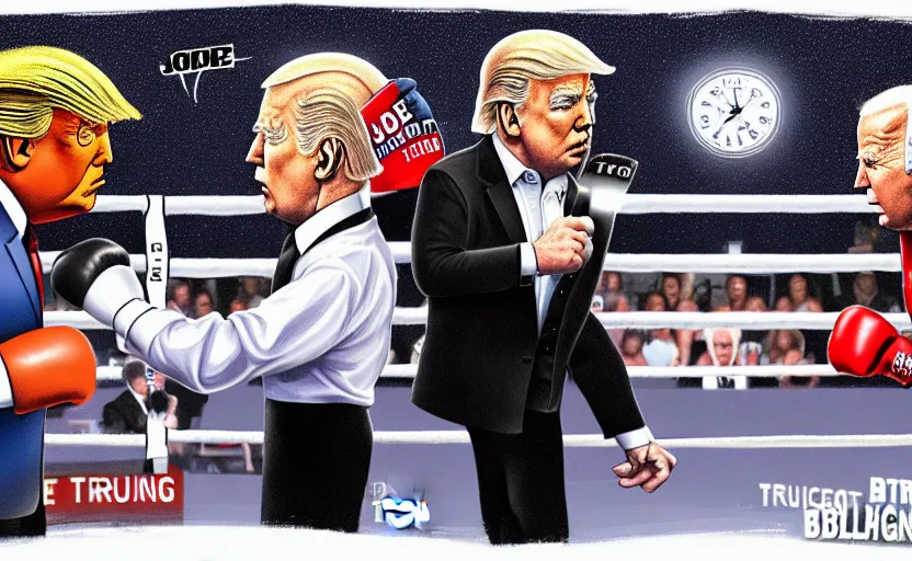 Image similar to boxing match between donald trump vs joe biden, stage lighting, political cartoon