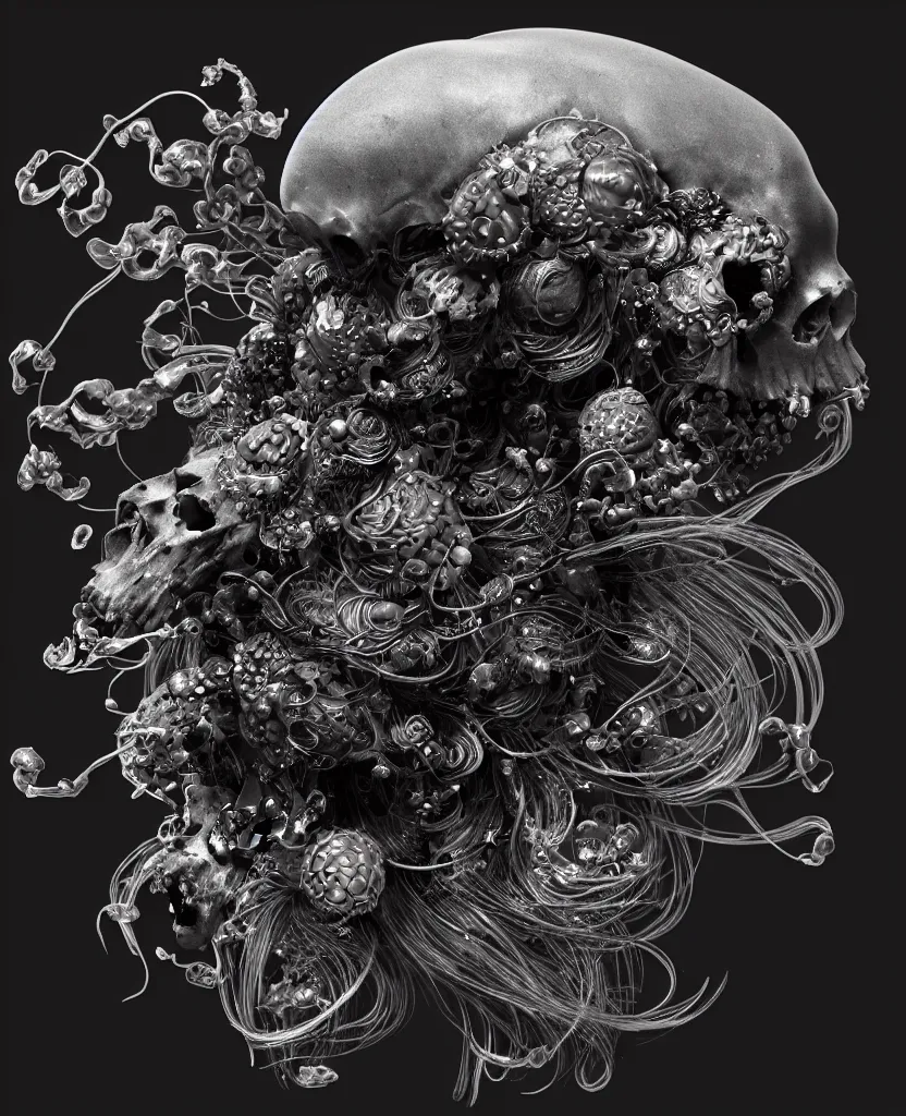 Prompt: fully black background. background hex 000000. goddess princess face close-up portrait ram skull. old metal bas relief. jellyfish phoenix head, nautilus, orchid, skull, betta fish, bioluminiscent creatures, intricate artwork by Tooth Wu and wlop and beeple. octane render, trending on artstation, greg rutkowski very coherent symmetrical artwork. cinematic, hyper realism, high detail, octane render, 8k