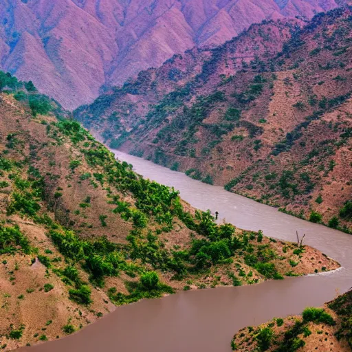Prompt: still film of chenab river with purple landscape, 8 k, intricate, elegant
