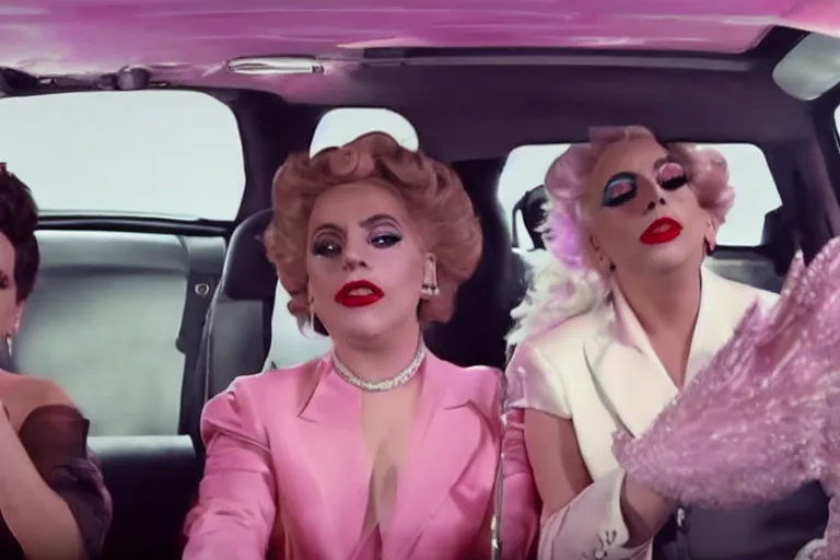 Image similar to lady gaga and judy garland doing carpool karaoke, lady gaga and judy garland, carpool karaoke, lady gaga, judy garland, carpool karaoke, youtube video screenshot, the late late show with james corden