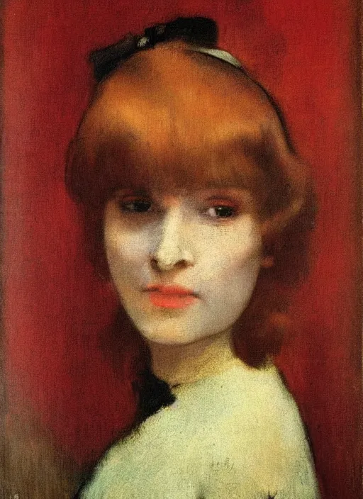 Image similar to portrait of a lovely! young woman!! 19th century haircut! red hair! looking at us! slight smile! natural light, by Edgar Degas