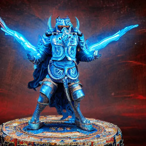 Image similar to a guardian, hussein by hieronymus engine, beautiful barbarian rays of shimmering mechanical chinese blue inexplicable cinematic, 8 k resolution, and behavior, and paint oil paint metal liquid metal sculpture