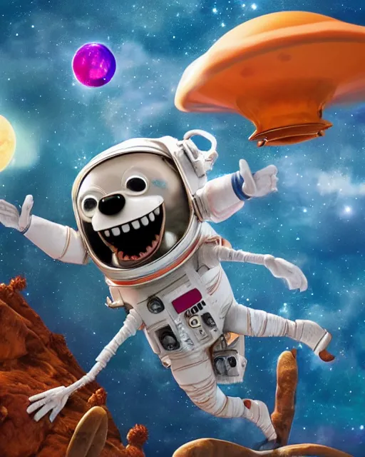 Prompt: Happy Astronaut Dog discovers The Planet of Bones, whimsical render, Pixar animation, movie still, 4k, 3d render, bold colors, wide angle
