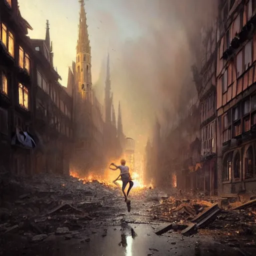 Prompt: a close view of a jewish rabi running away!!!, city of munich destroyed by a meteor!!!, rubble!!, fires!! hyperrealistic, highly detailed, cinematic, foggy light from fires, beautiful, cgssociety, artstation, 8 k, oil painting by greg rutkowski, by artgerm, by wlop