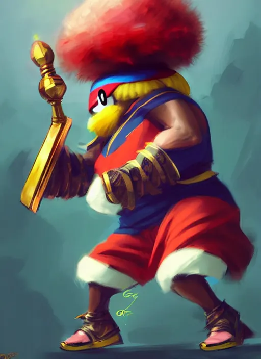 Image similar to a person cosplaying king dedede from kirby in human form. art by greg rutkowski, art by pascal blanche. crisp quality. digital photography. trending in deviantart.