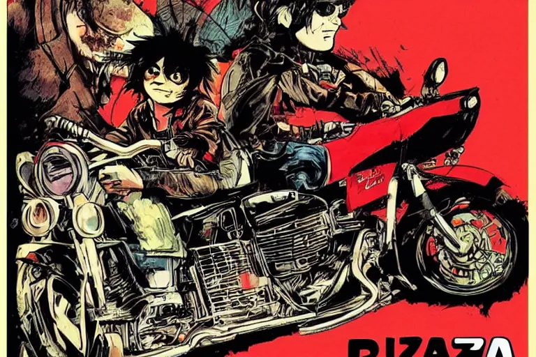 Image similar to pizza the hut, akira's motorcycle, gorillaz, poster, high quality