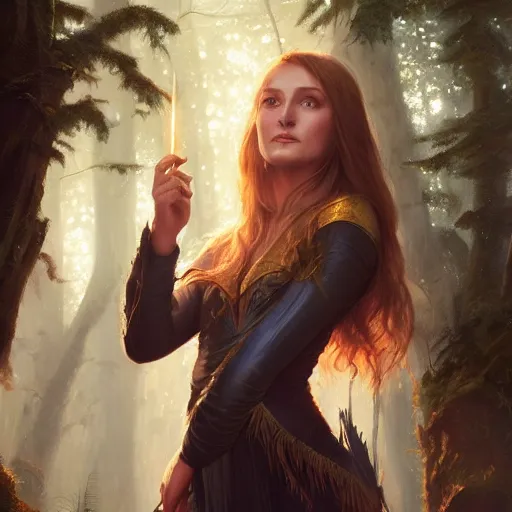 Prompt: closeup portrait of a young jane seymour as a wizard casting magic, forest background, megacity, high fantasy, dramatic light, gorgeous view, depth, high detail, digital art, painted by greg rutkowski, trending on artstation