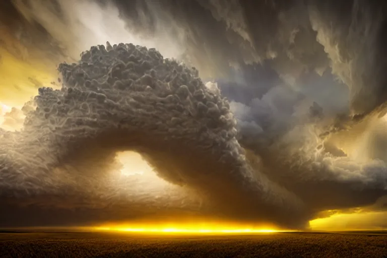 Image similar to yellow gigantic stormcell, landscape photography, sunset, dramatic lighting by Marc Adamus,