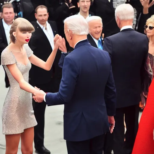 Image similar to taylor swift shaking hands with joe biden, 8 k uhd, cover of vouge magazine, perfect faces