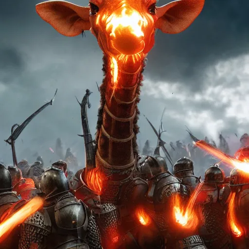 Image similar to a giant fire breathing giraffe wearing intricate battle armor attacking an army of knights, dramatic lighting, highly detailed, photorealistic, cinematic, octane render
