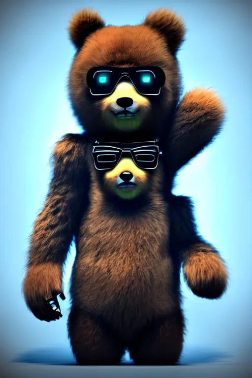 Image similar to high quality 3 d render very cute fluffy cyberpunk bear! plays electric guitar, cyberpunk highly detailed, unreal engine cinematic smooth, in the style of blade runner & detective pikachu, hannah yata charlie immer, moody light, low angle, uhd 8 k, sharp focus