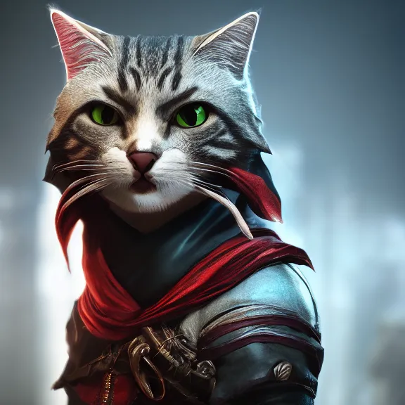 Prompt: cat the assassin, assassin's creed, headshot, cute, unreal engine, c 4 d, maya, smooth, natural background, cinematic lighting, 8 k, digital painting, artstation, concept art, aesthetic