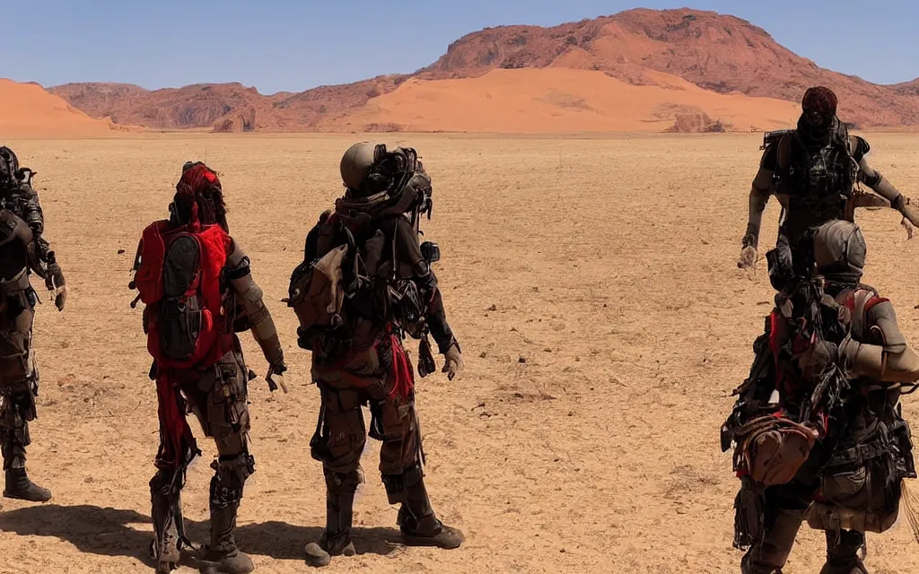 Image similar to in hot red desert a group of five people in dark green tactical gear like death stranding and masks in a sandy desert with distant red mesas behind them. They look afraid. dusty, red, mid day, heat shimmering.