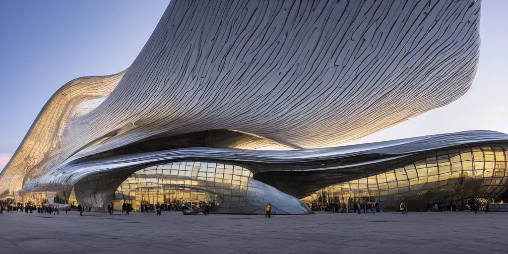 Image similar to extremely detailed ornate stunning sophisticated beautiful elegant futuristic museum exterior by Zaha Hadid, Milan buildings in the background, smooth curvilinear design, stunning volumetric light, stainless steal, concrete, translucent material, beautiful sunset, tail lights