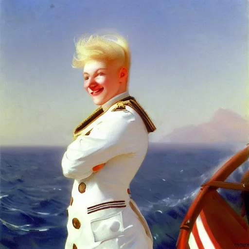 Image similar to painting of a muscular albino female sailor woman with broad shoulders, flowing white hair, and a confident smile, naval uniform, on a boat at sea. painting by john singer sargent and ivan aivazovsky, 4 k hd artstation