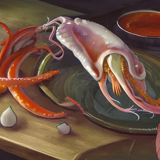 Image similar to pichacu cooks a squid, photo, detailed, 4k, Art by Yongjae Choi