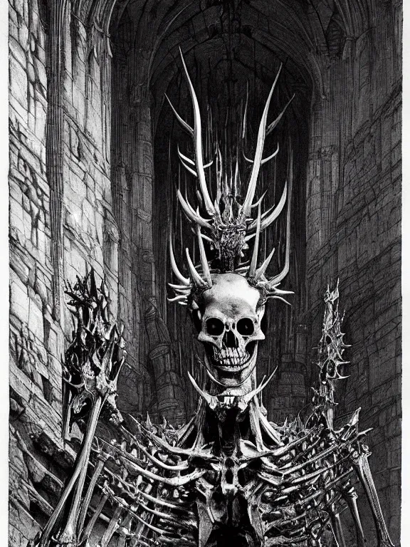 Prompt: A spiked horned semiork-semihuman skeleton with armored joints stands in a large cavernous throne room with broadsword in hand. Massive shoulderplates. Extremely high details, realistic, fantasy art, solo, masterpiece, bones, ripped flesh, saturated colors, art by Zdzisław Beksiński, Arthur Rackham, Dariusz Zawadzki