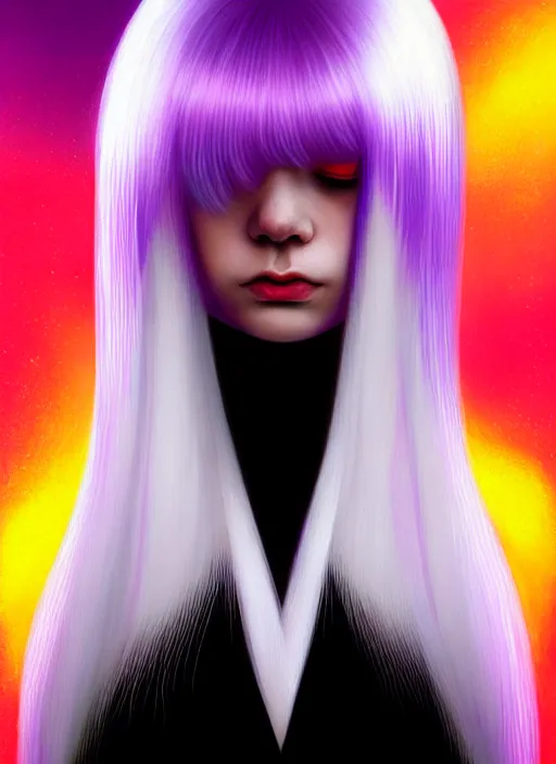 Image similar to hair whitebangs hair, black hair, whitebangs, portrait of teenage girl with white bangs, red irises, purple clothes, white bangs, bangs are different color from hair, intricate, elegant, glowing lights, highly detailed, digital painting, artstation, concept art, smooth, sharp focus, illustration, art by wlop, mars ravelo and greg rutkowski