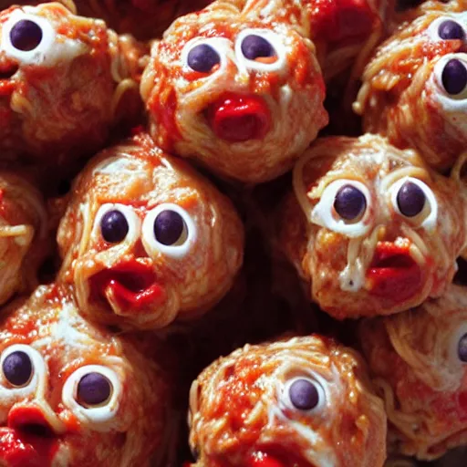 Image similar to spaghetti with meatballs shaped like screaming chucky doll